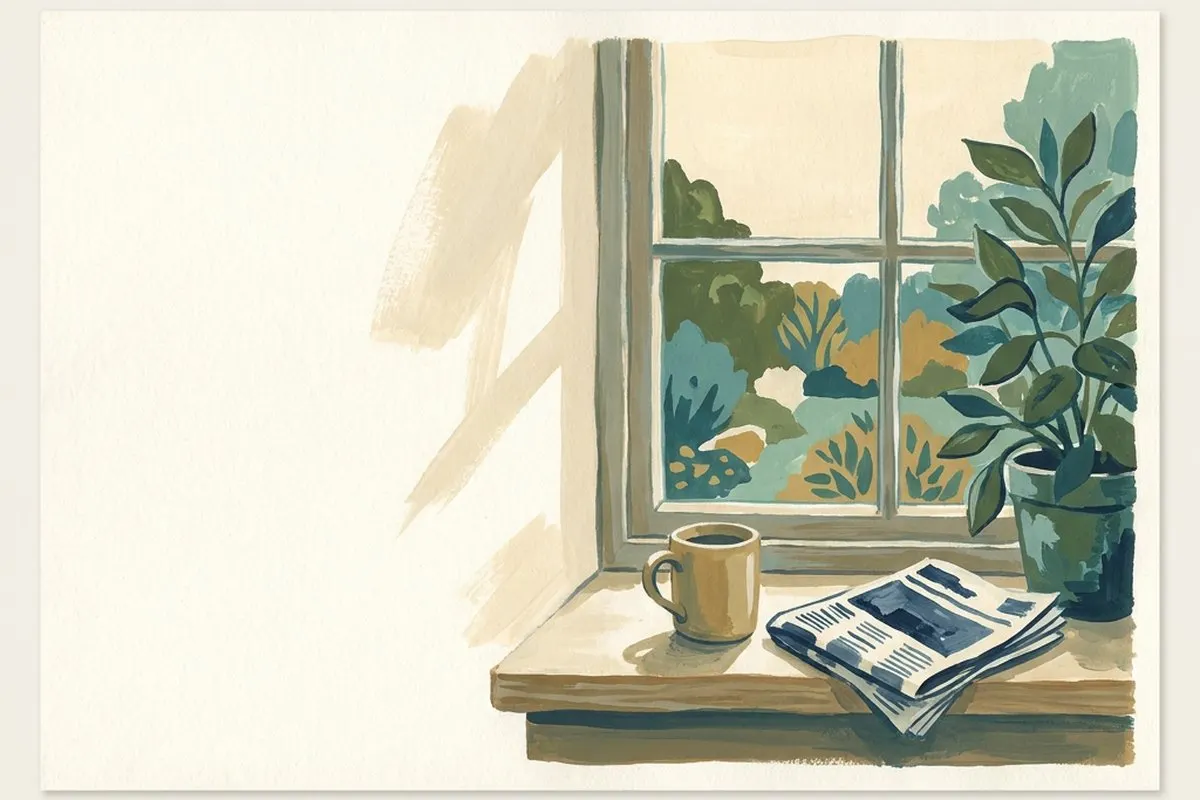 Illustrasjon av en rolig morgen med kaffe og avis ved et vindu